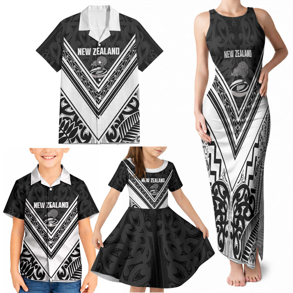 New Zealand Silver Fern Rugby Custom Family Matching Tank Maxi Dress and Hawaiian Shirt Go Wheel Kiwi Maori Pattern