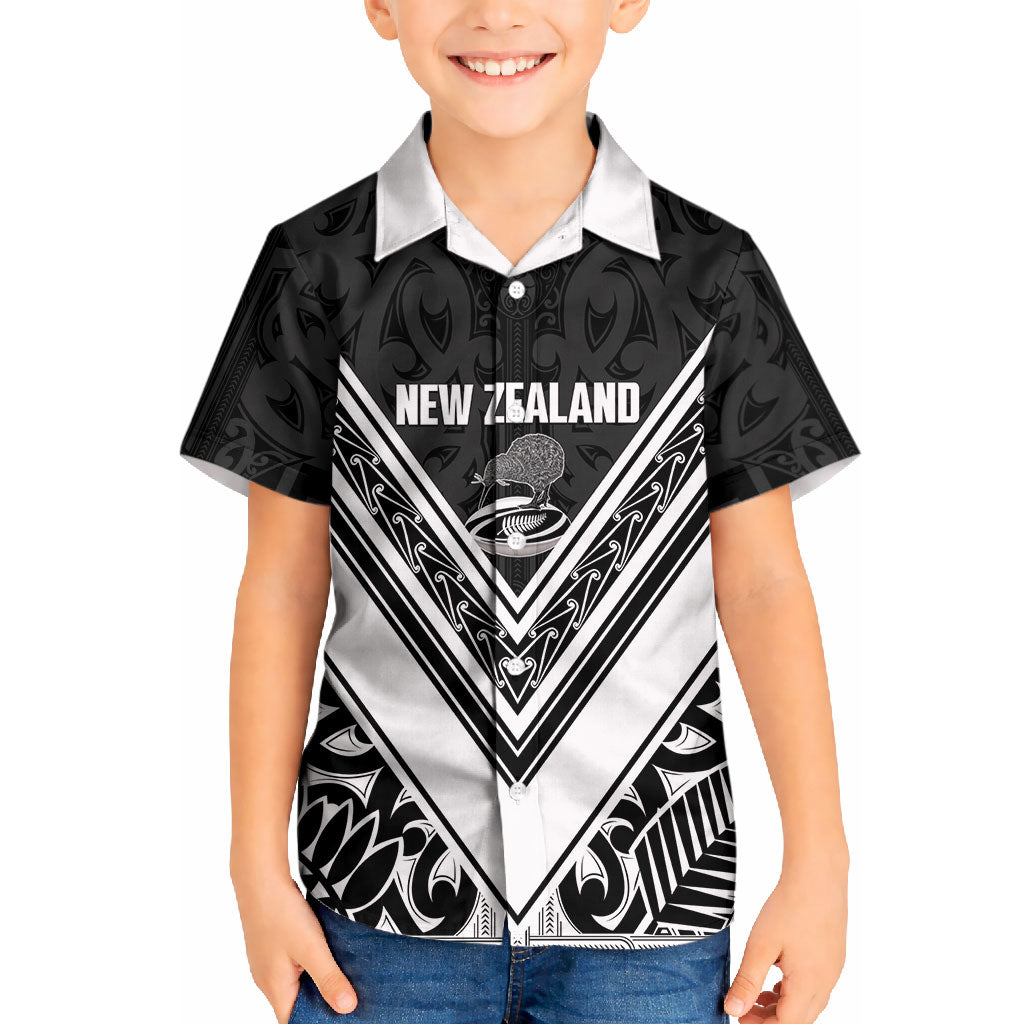 New Zealand Silver Fern Rugby Custom Kid Hawaiian Shirt Go Wheel Kiwi Maori Pattern