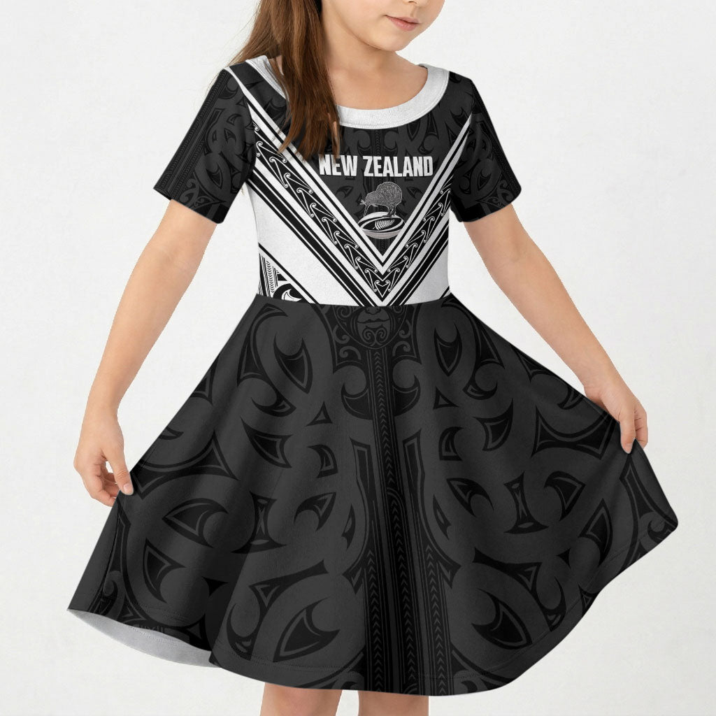 New Zealand Silver Fern Rugby Custom Kid Short Sleeve Dress Go Wheel Kiwi Maori Pattern