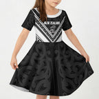 New Zealand Silver Fern Rugby Custom Kid Short Sleeve Dress Go Wheel Kiwi Maori Pattern