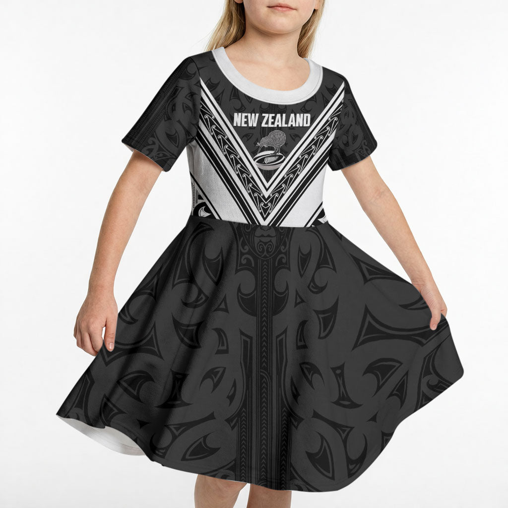 New Zealand Silver Fern Rugby Custom Kid Short Sleeve Dress Go Wheel Kiwi Maori Pattern