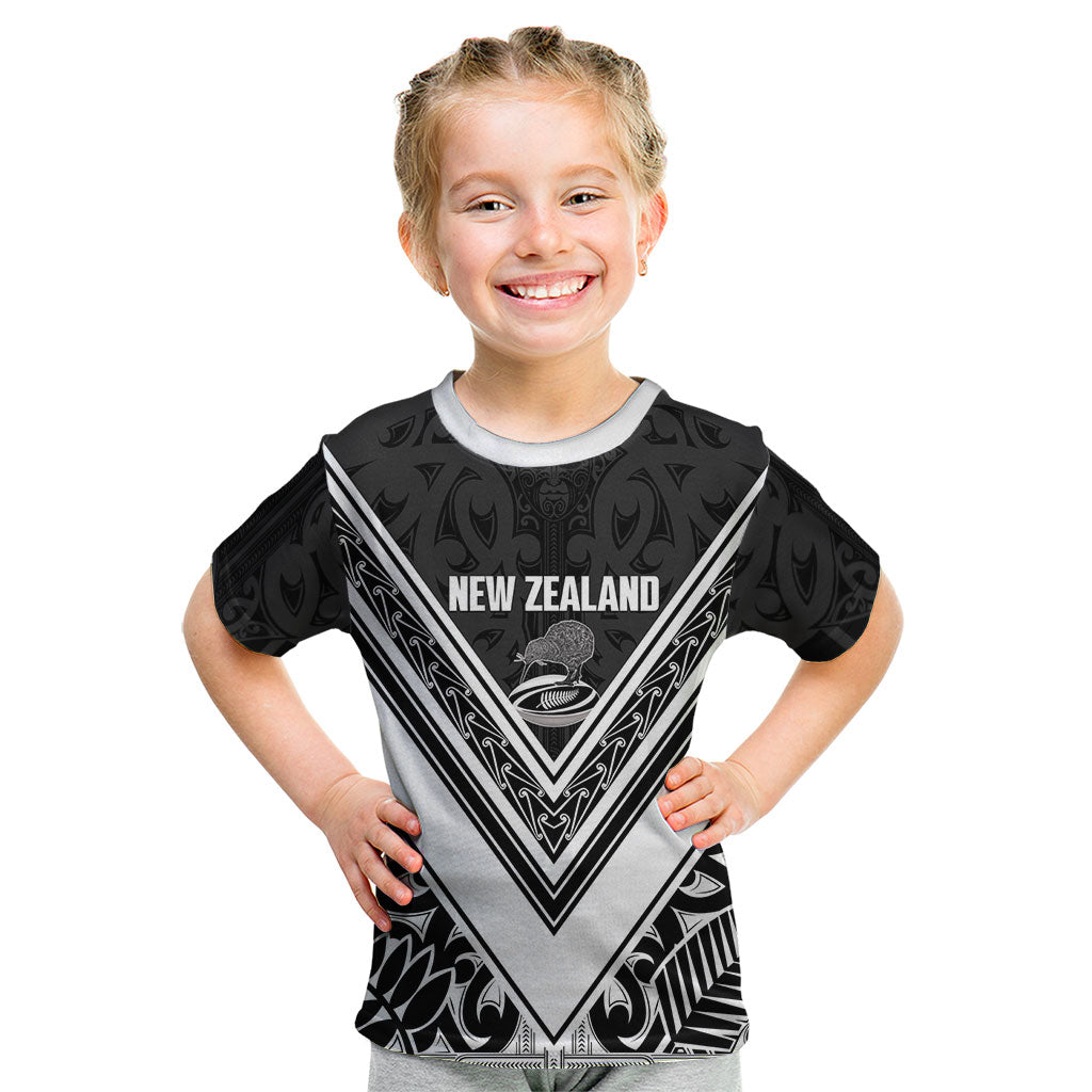 New Zealand Silver Fern Rugby Custom Kid T Shirt Go Wheel Kiwi Maori Pattern