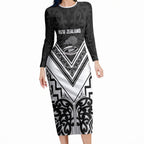 New Zealand Silver Fern Rugby Custom Long Sleeve Bodycon Dress Go Wheel Kiwi Maori Pattern