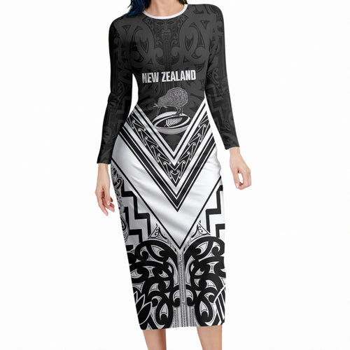 New Zealand Silver Fern Rugby Custom Long Sleeve Bodycon Dress Go Wheel Kiwi Maori Pattern