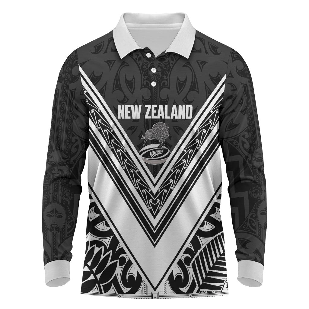 New Zealand Silver Fern Rugby Custom Long Sleeve Polo Shirt Go Wheel Kiwi Maori Pattern