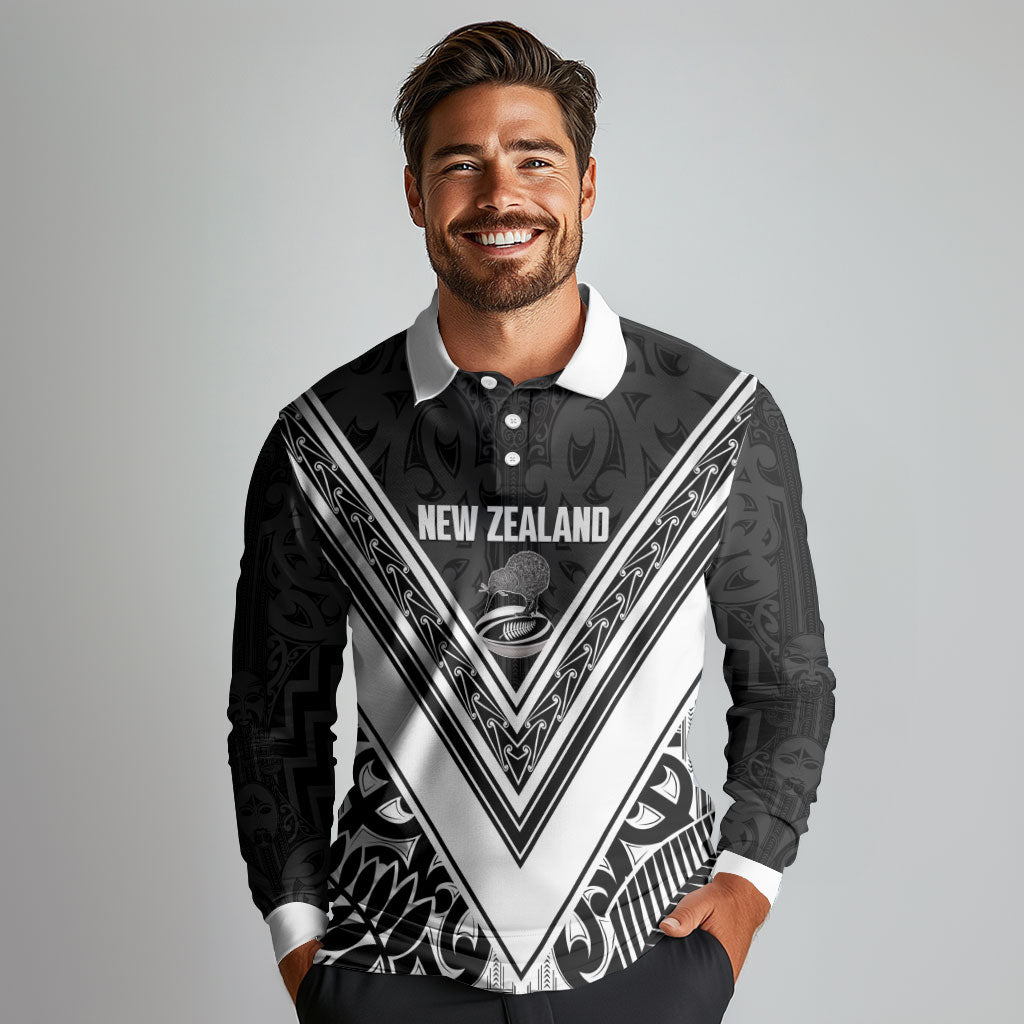 New Zealand Silver Fern Rugby Custom Long Sleeve Polo Shirt Go Wheel Kiwi Maori Pattern