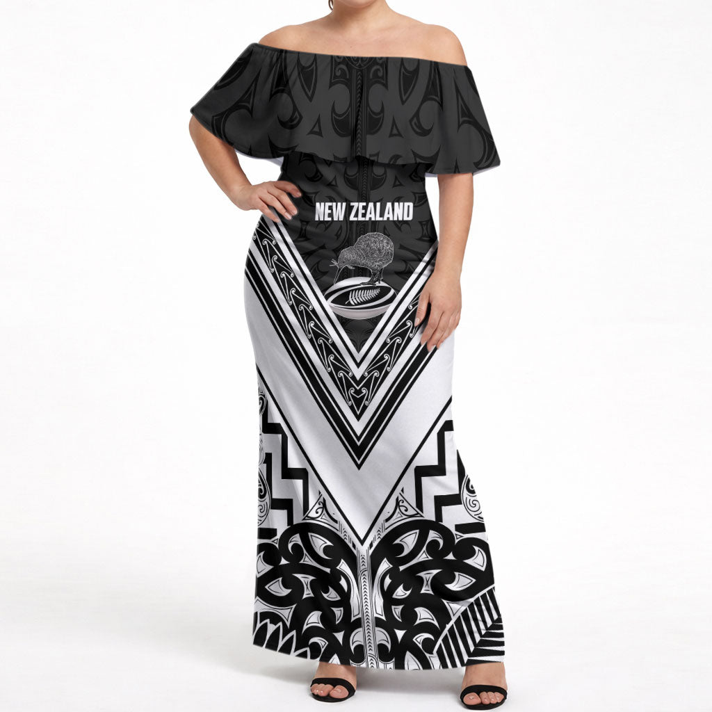 New Zealand Silver Fern Rugby Custom Off Shoulder Maxi Dress Go Wheel Kiwi Maori Pattern