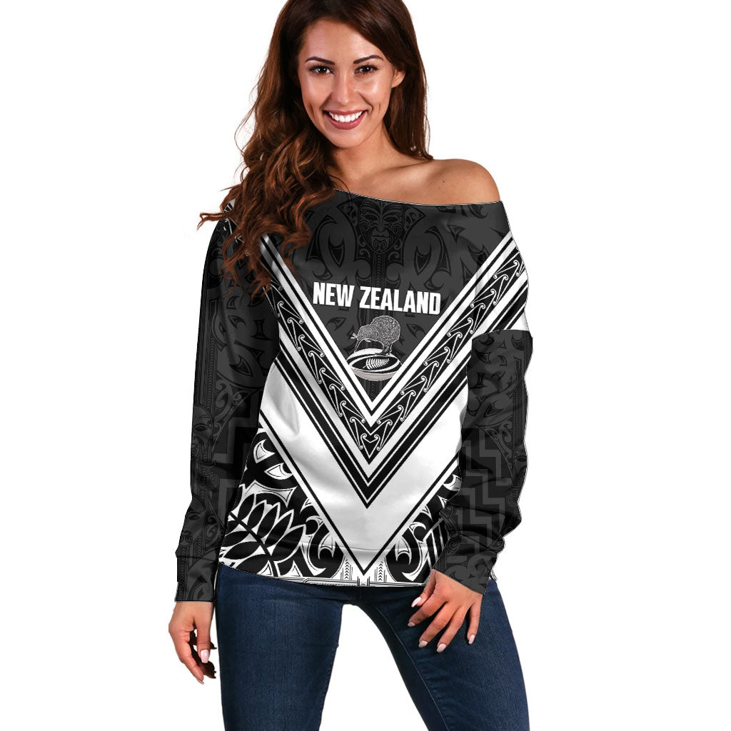New Zealand Silver Fern Rugby Custom Off Shoulder Sweater Go Wheel Kiwi Maori Pattern