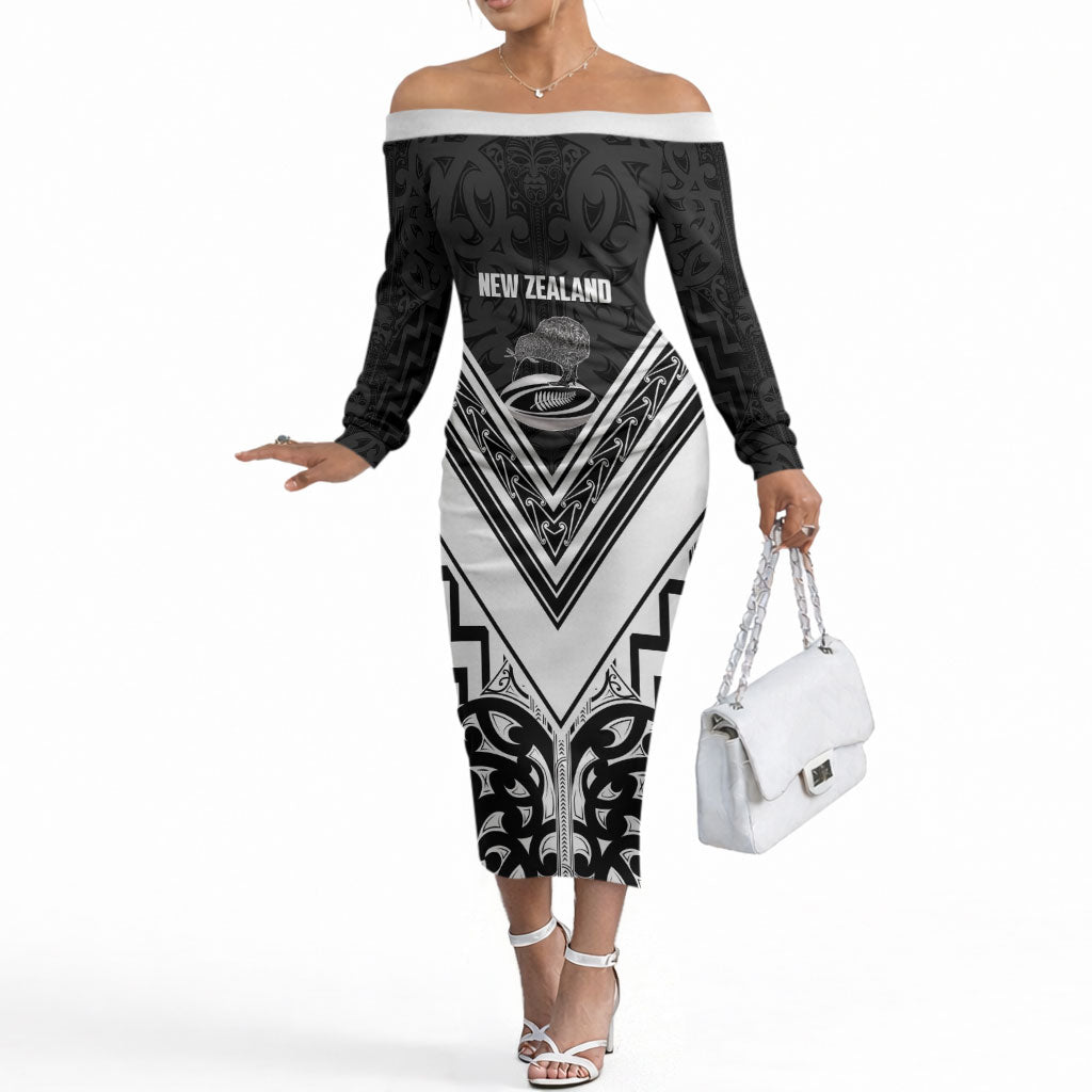 New Zealand Silver Fern Rugby Custom Off The Shoulder Long Sleeve Dress Go Wheel Kiwi Maori Pattern