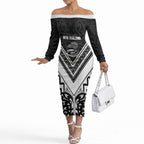 New Zealand Silver Fern Rugby Custom Off The Shoulder Long Sleeve Dress Go Wheel Kiwi Maori Pattern