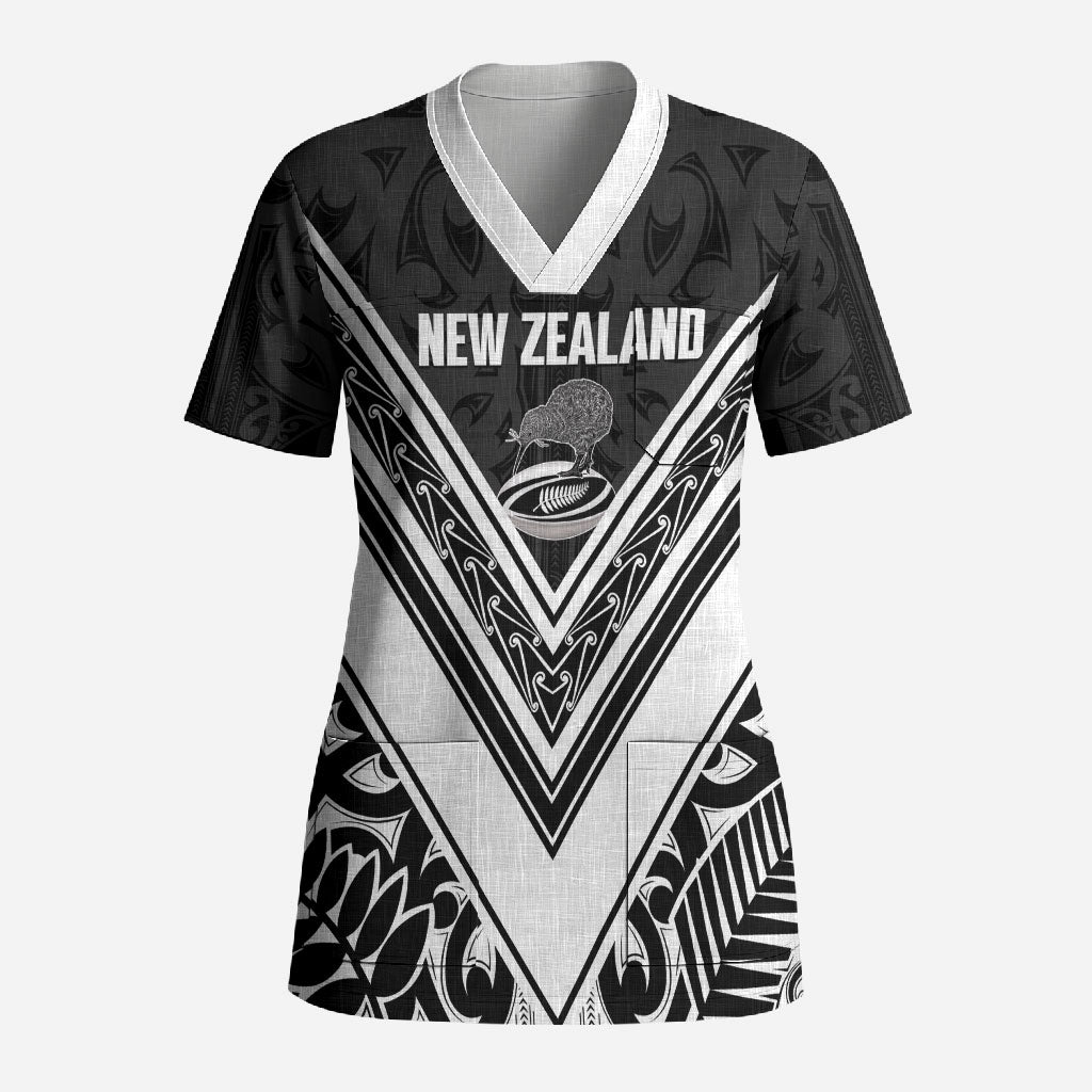 New Zealand Silver Fern Rugby Custom Scrub Top Go Wheel Kiwi Maori Pattern