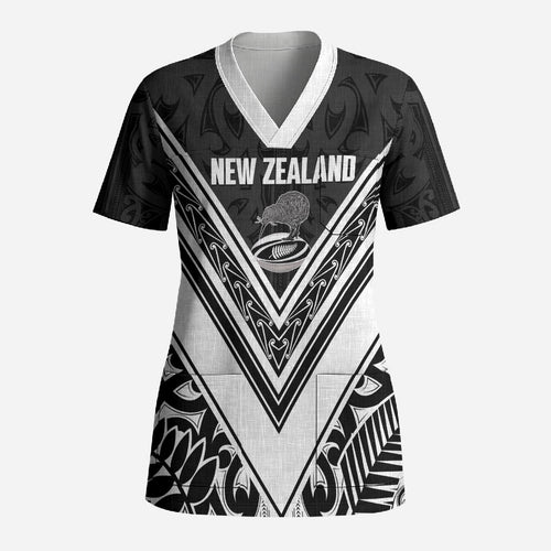New Zealand Silver Fern Rugby Custom Scrub Top Go Wheel Kiwi Maori Pattern