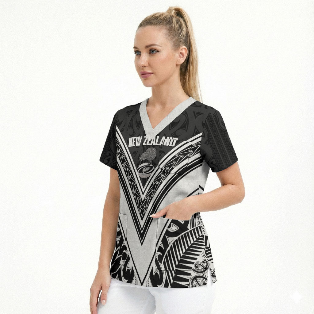 New Zealand Silver Fern Rugby Custom Scrub Top Go Wheel Kiwi Maori Pattern