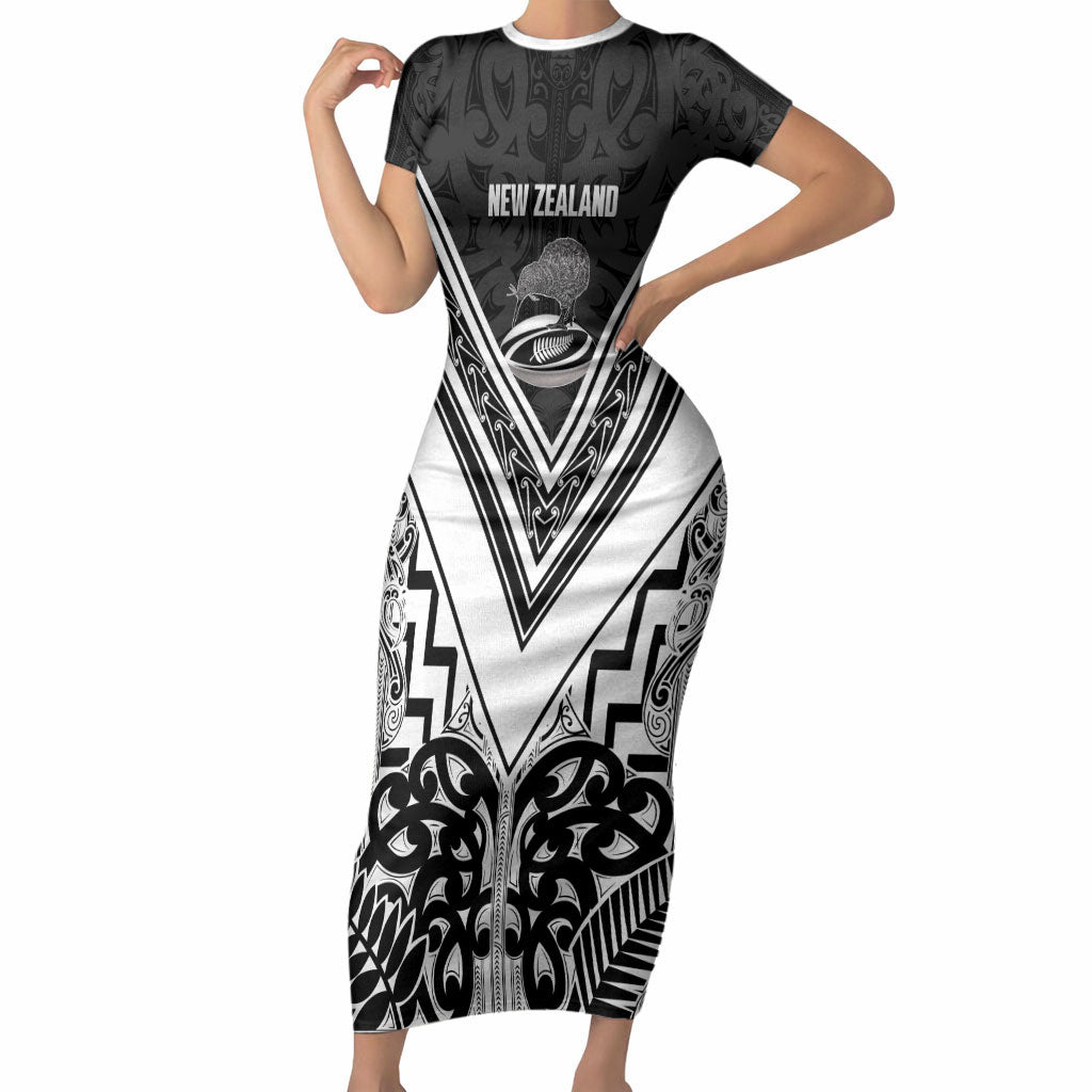 New Zealand Silver Fern Rugby Custom Short Sleeve Bodycon Dress Go Wheel Kiwi Maori Pattern