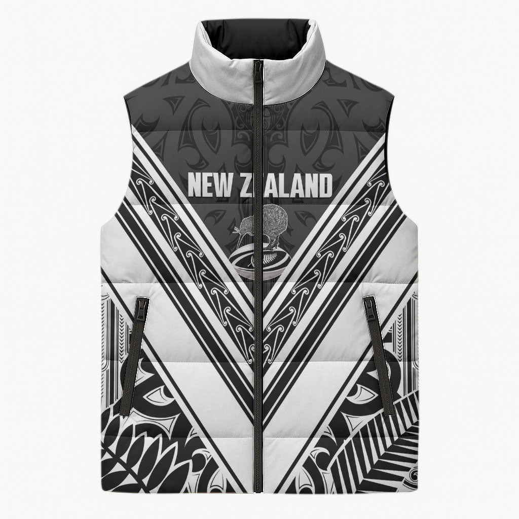New Zealand Silver Fern Rugby Custom Sleeveless Puffer Jacket Go Wheel Kiwi Maori Pattern