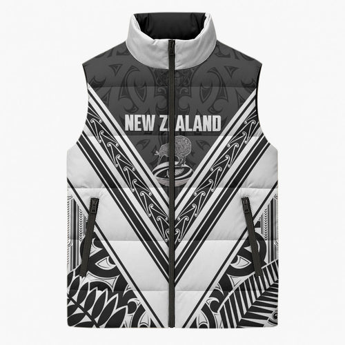 New Zealand Silver Fern Rugby Custom Sleeveless Puffer Jacket Go Wheel Kiwi Maori Pattern