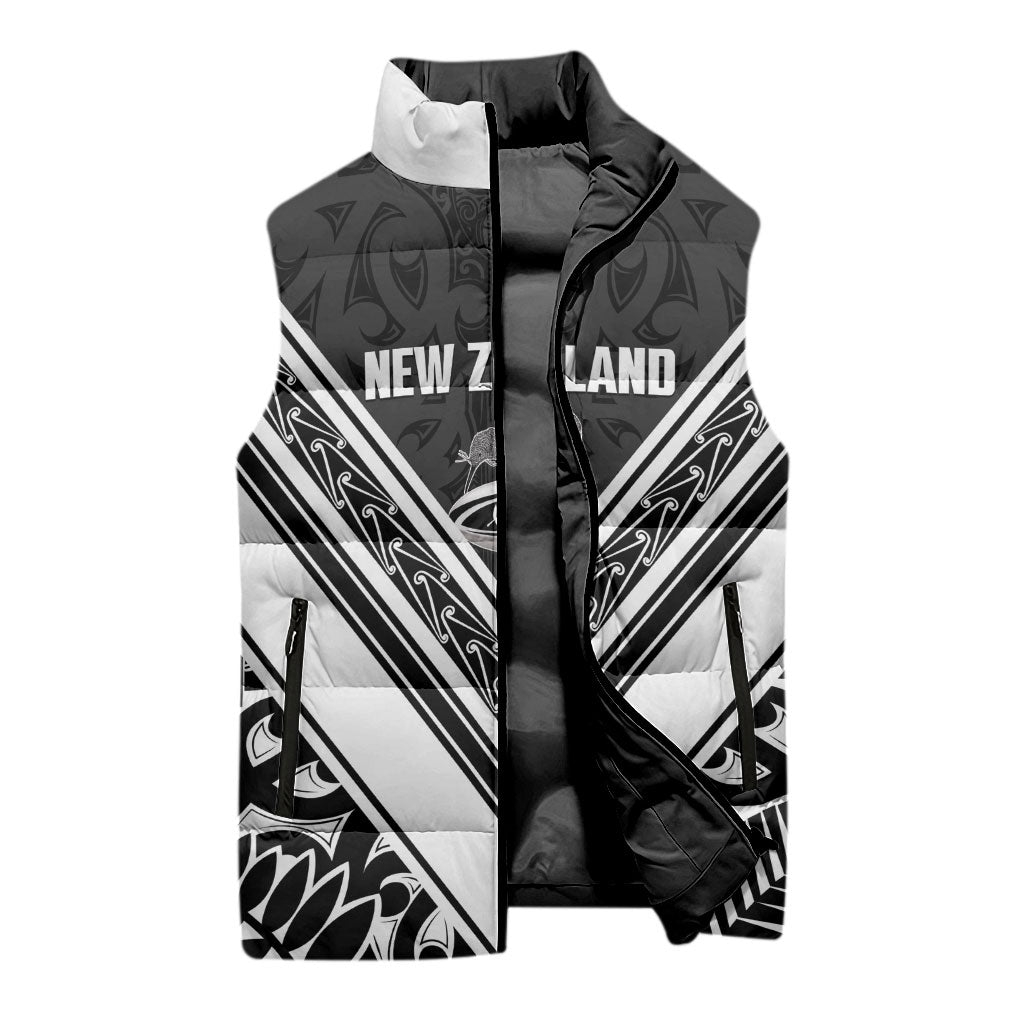 New Zealand Silver Fern Rugby Custom Sleeveless Puffer Jacket Go Wheel Kiwi Maori Pattern