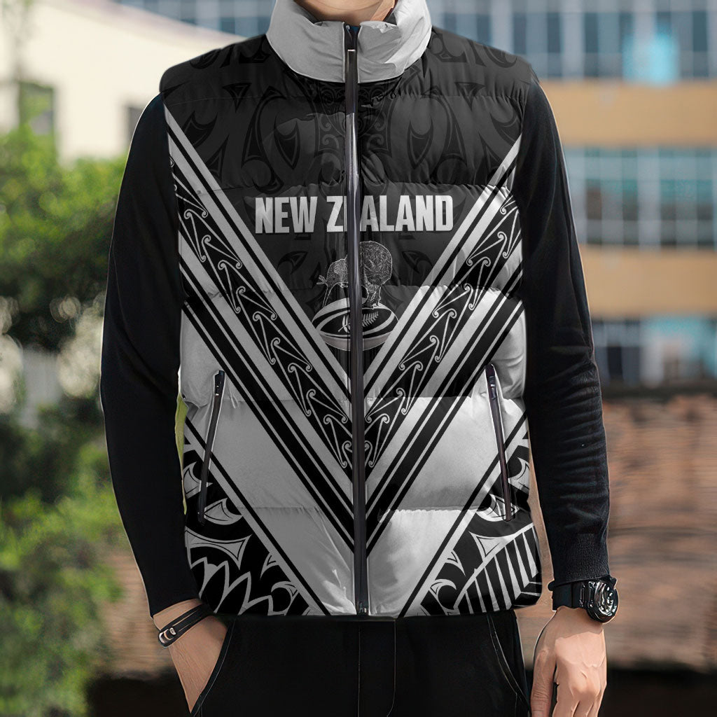 New Zealand Silver Fern Rugby Custom Sleeveless Puffer Jacket Go Wheel Kiwi Maori Pattern
