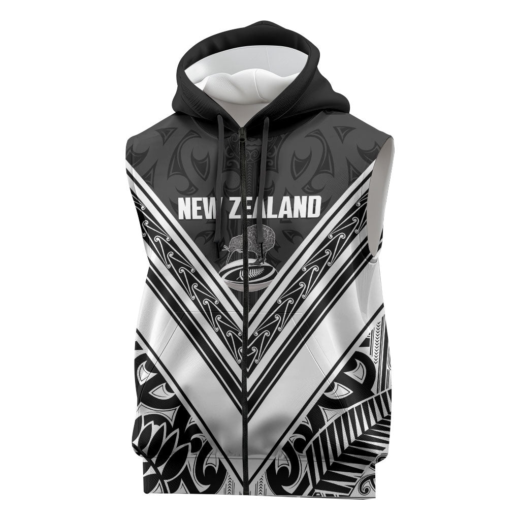 New Zealand Silver Fern Rugby Custom Sleeveless Zip Hoodie Go Wheel Kiwi Maori Pattern