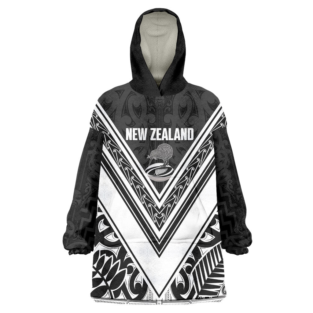 New Zealand Silver Fern Rugby Custom Wearable Blanket Hoodie Go Wheel Kiwi Maori Pattern