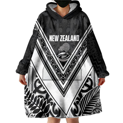 New Zealand Silver Fern Rugby Custom Wearable Blanket Hoodie Go Wheel Kiwi Maori Pattern