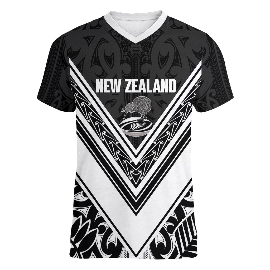 New Zealand Silver Fern Rugby Custom Women V-Neck T-Shirt Go Wheel Kiwi Maori Pattern