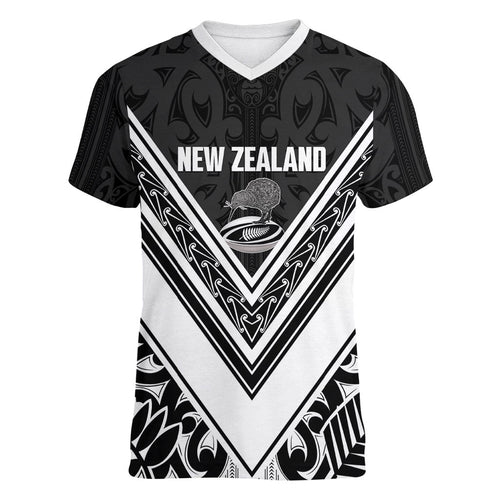 New Zealand Silver Fern Rugby Custom Women V-Neck T-Shirt Go Wheel Kiwi Maori Pattern