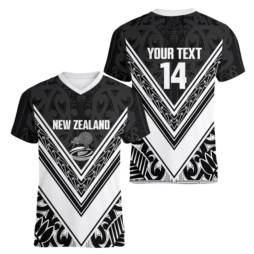 New Zealand Silver Fern Rugby Custom Women V-Neck T-Shirt Go Wheel Kiwi Maori Pattern