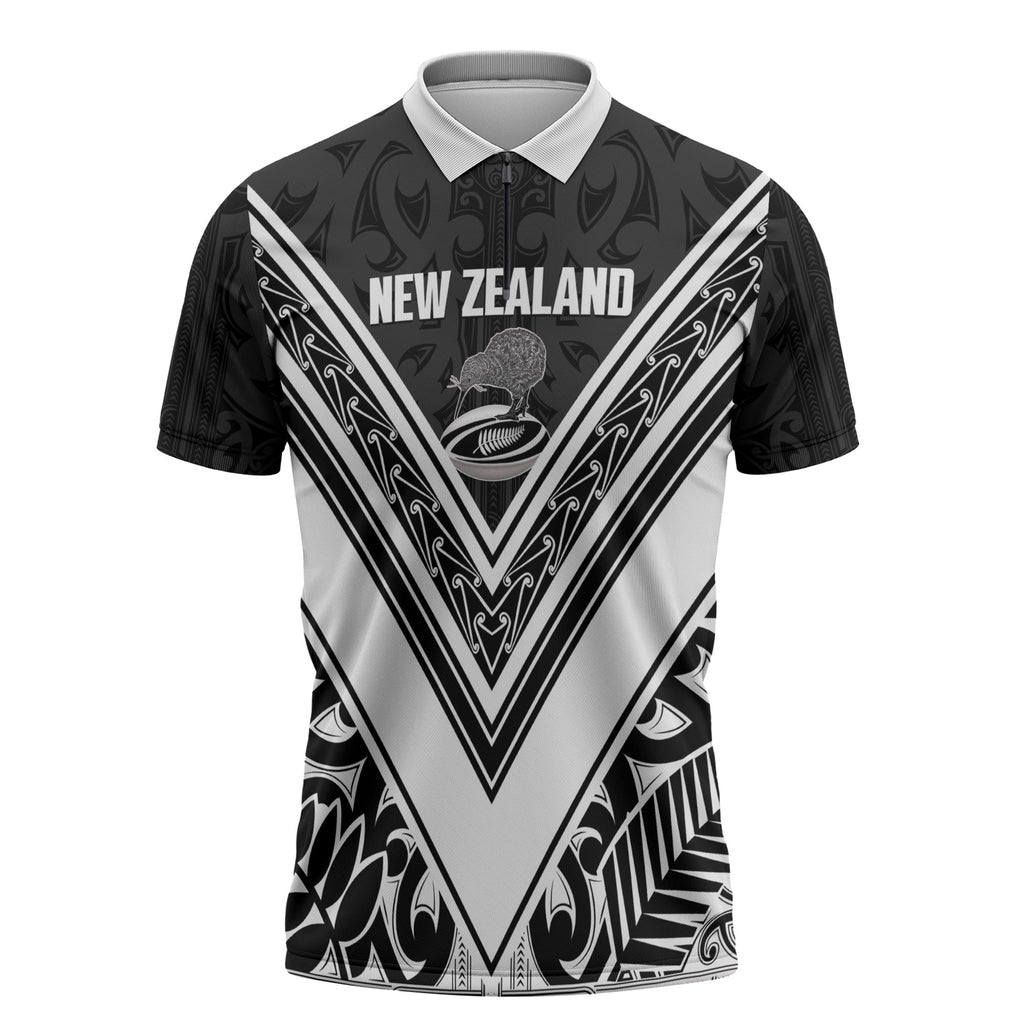 New Zealand Silver Fern Rugby Custom Zipper Polo Shirt Go Wheel Kiwi Maori Pattern