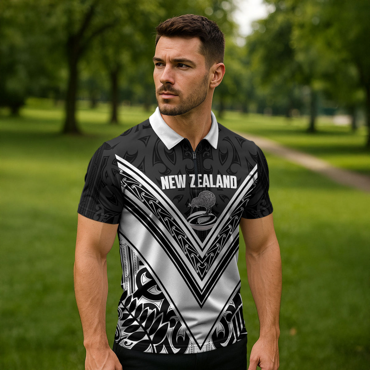 New Zealand Silver Fern Rugby Custom Zipper Polo Shirt Go Wheel Kiwi Maori Pattern