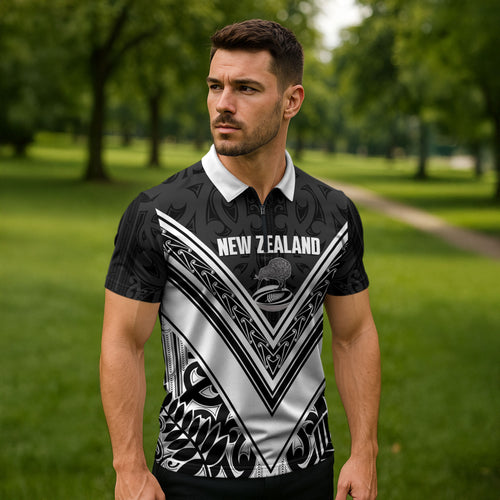 New Zealand Silver Fern Rugby Custom Zipper Polo Shirt Go Wheel Kiwi Maori Pattern