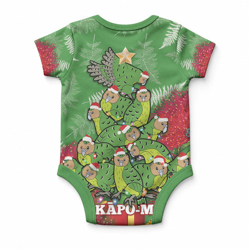 Kakapo New Zealand Christmas Baby Onesie Meri Kirihimete Pohutukawa - Green Color