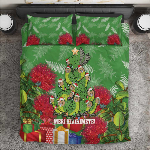 Kakapo New Zealand Christmas Bedding Set Meri Kirihimete Pohutukawa - Green Color
