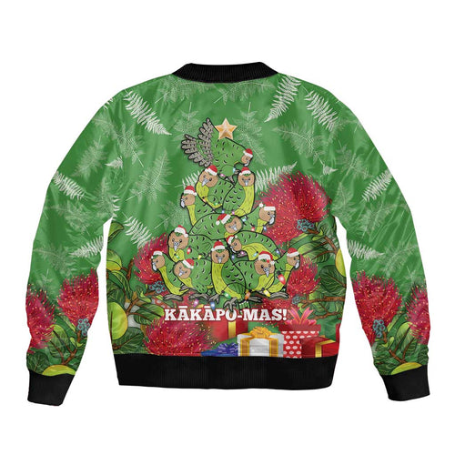 Kakapo New Zealand Christmas Bomber Jacket Meri Kirihimete Pohutukawa - Green Color