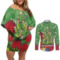 Kakapo New Zealand Christmas Couples Matching Off Shoulder Short Dress and Long Sleeve Button Shirt Meri Kirihimete Pohutukawa - Green Color