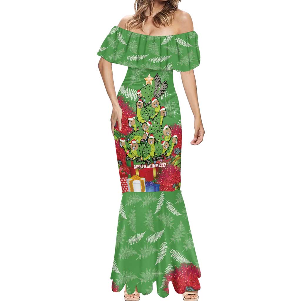 Kakapo New Zealand Christmas Mermaid Dress Meri Kirihimete Pohutukawa - Green Color