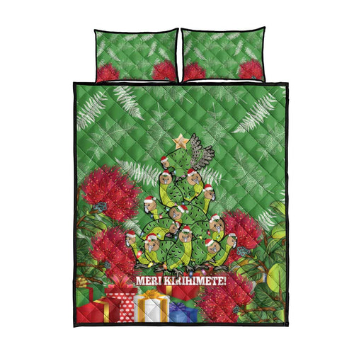 Kakapo New Zealand Christmas Quilt Bed Set Meri Kirihimete Pohutukawa - Green Color