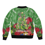 Kakapo New Zealand Christmas Sleeve Zip Bomber Jacket Meri Kirihimete Pohutukawa - Green Color
