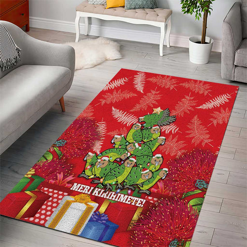 Kakapo New Zealand Christmas Area Rug Meri Kirihimete Pohutukawa - Red Color