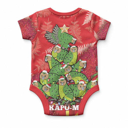 Kakapo New Zealand Christmas Baby Onesie Meri Kirihimete Pohutukawa - Red Color