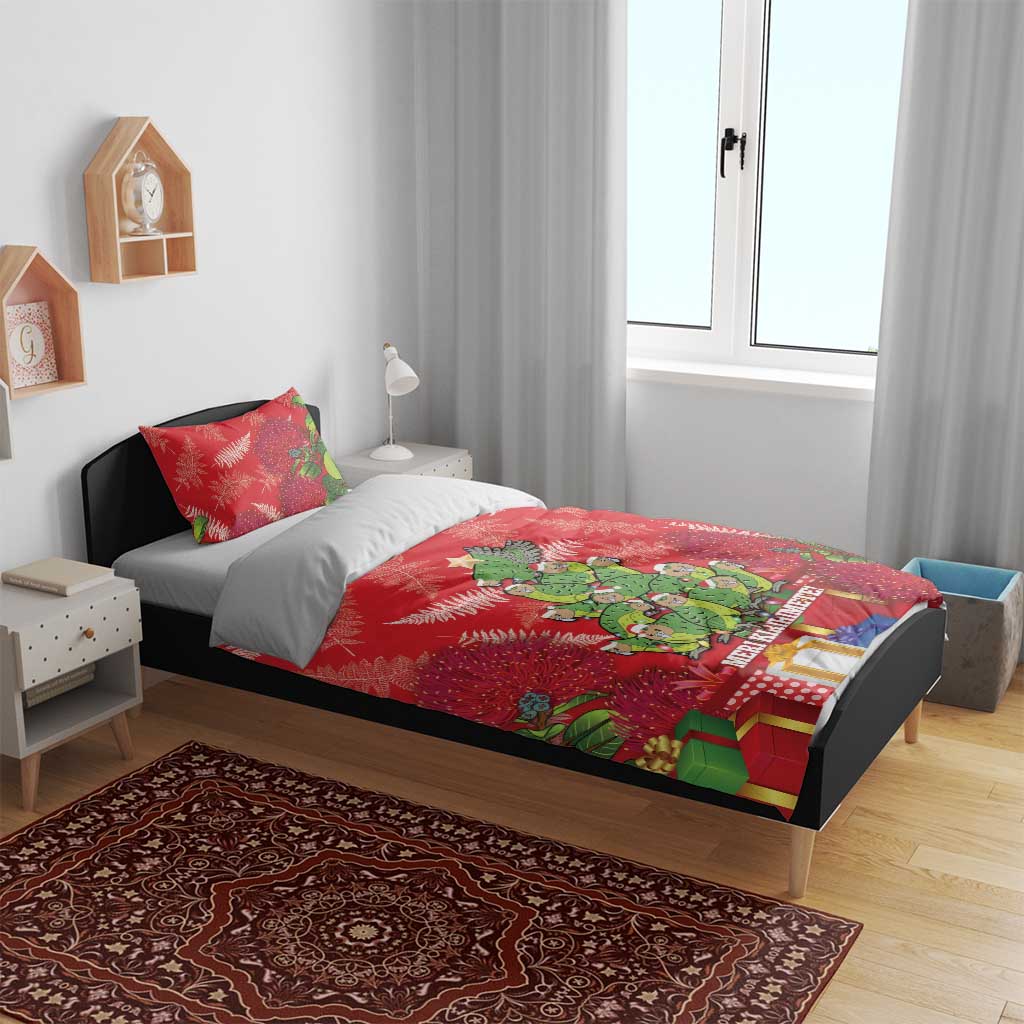 Kakapo New Zealand Christmas Bedding Set Meri Kirihimete Pohutukawa - Red Color