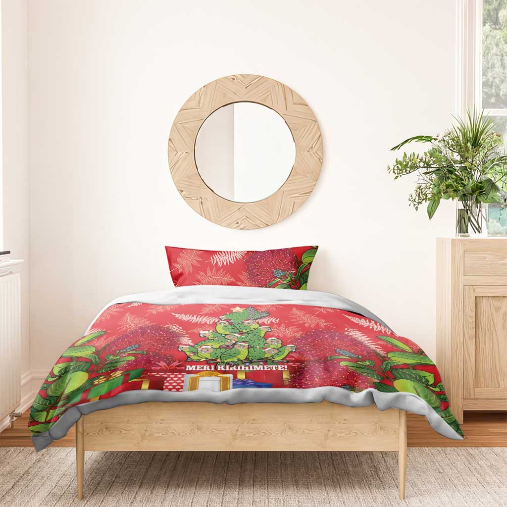 Kakapo New Zealand Christmas Bedding Set Meri Kirihimete Pohutukawa - Red Color