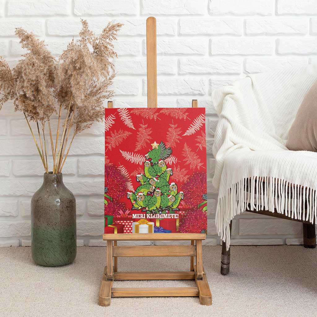 Kakapo New Zealand Christmas Canvas Wall Art Meri Kirihimete Pohutukawa - Red Color