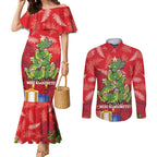 Kakapo New Zealand Christmas Couples Matching Mermaid Dress and Long Sleeve Button Shirt Meri Kirihimete Pohutukawa - Red Color