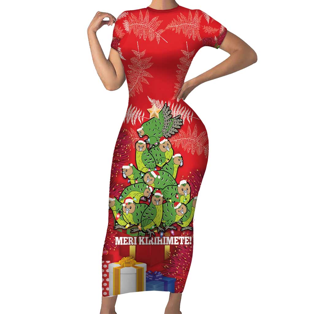 Kakapo New Zealand Christmas Family Matching Short Sleeve Bodycon Dress and Hawaiian Shirt Meri Kirihimete Pohutukawa - Red Color