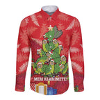 Kakapo New Zealand Christmas Long Sleeve Button Shirt Meri Kirihimete Pohutukawa - Red Color