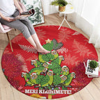 Kakapo New Zealand Christmas Round Carpet Meri Kirihimete Pohutukawa - Red Color