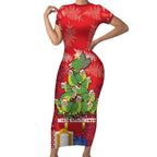 Kakapo New Zealand Christmas Short Sleeve Bodycon Dress Meri Kirihimete Pohutukawa - Red Color