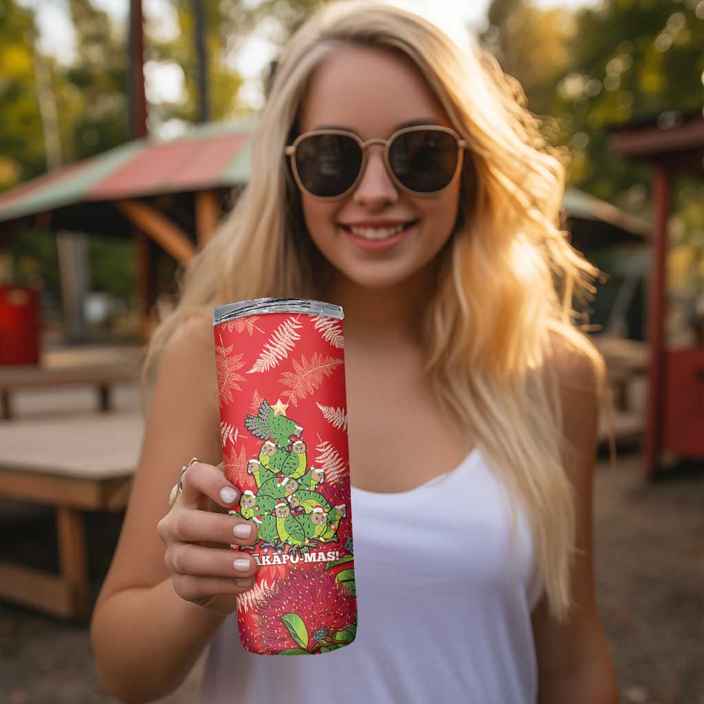 Kakapo New Zealand Christmas Skinny Tumbler Meri Kirihimete Pohutukawa - Red Color