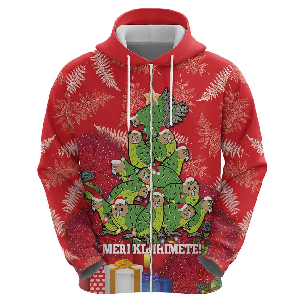 Kakapo New Zealand Christmas Zip Hoodie Meri Kirihimete Pohutukawa - Red Color
